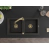 Mexen Mario 2-chamber granite sink with Elia kitchen faucet, black/gold metallic - 6504-75-670101-50