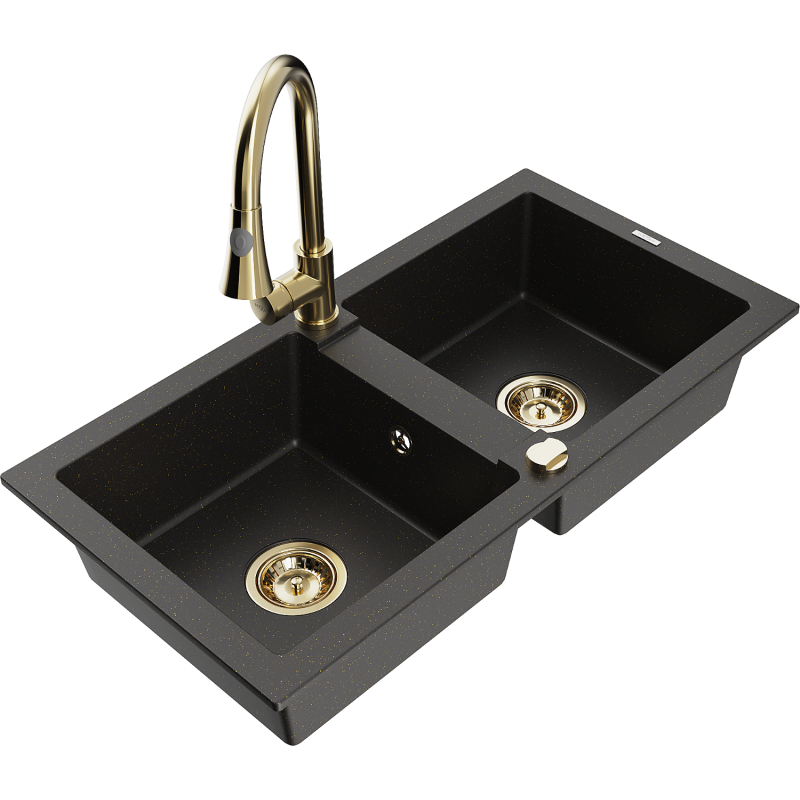 Mexen Mario 2-bowl granite sink with Elia kitchen tap, black/gold metallic - 6504-75-670101-50