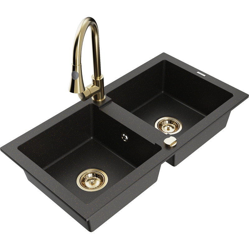 Mexen Mario granite double-bowl sink with Elia kitchen faucet, black/golden metallic - 6504-75-670101-50