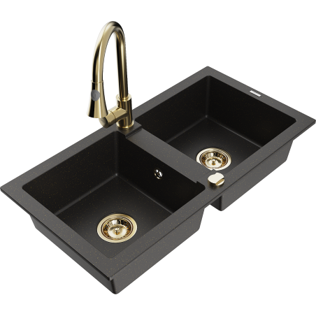 Mexen Mario 2-bowl granite sink with Elia kitchen tap, black/gold metallic - 6504-75-670101-50