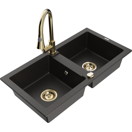 Mexen Mario granite double-bowl sink with Elia kitchen faucet, black/golden metallic - 6504-75-670101-50