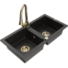 Mexen Mario granite double-bowl sink with Elia kitchen faucet, black/golden metallic - 6504-75-670101-50