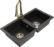Mexen Mario granite double-bowl sink with Elia kitchen faucet, black/golden metallic - 6504-75-670101-50