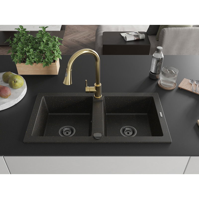Mexen Mario granite sink 2-bowl with Elia kitchen tap, black/gold metallic - 6504-75-670101-50-B