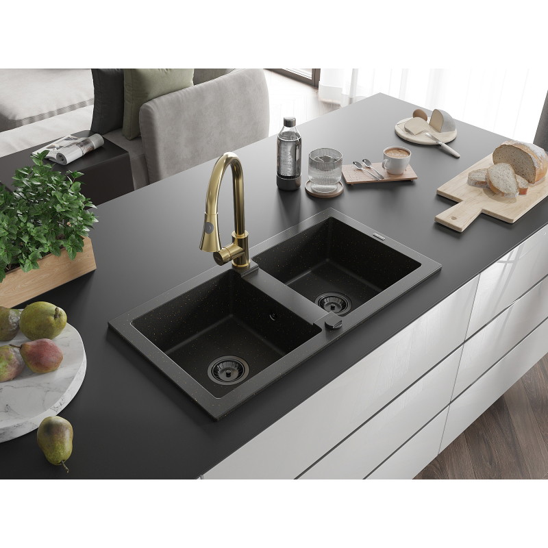 Mexen Mario granite double-bowl sink with kitchen faucet Elia, black/gold metallic - 6504-75-670101-50-B
