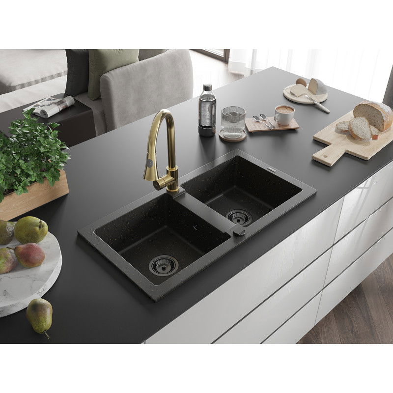 Mexen Mario granite sink 2-bowl with Elia kitchen tap, black/gold metallic - 6504-75-670101-50-B