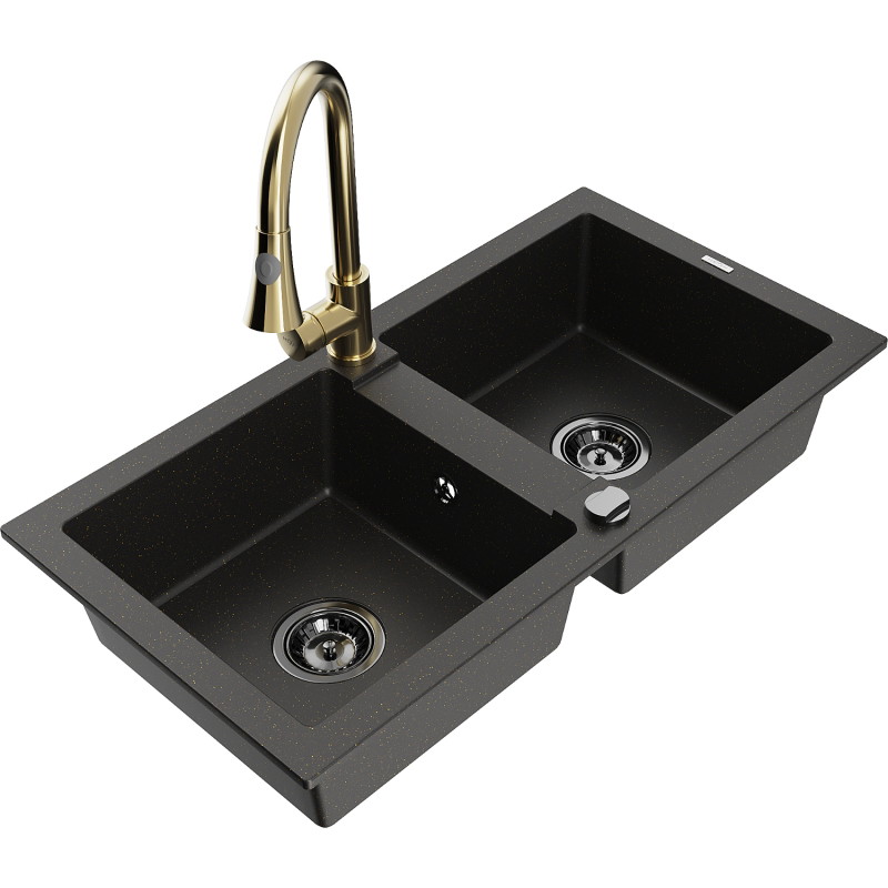Mexen Mario granite double-bowl sink with kitchen faucet Elia, black/gold metallic - 6504-75-670101-50-B