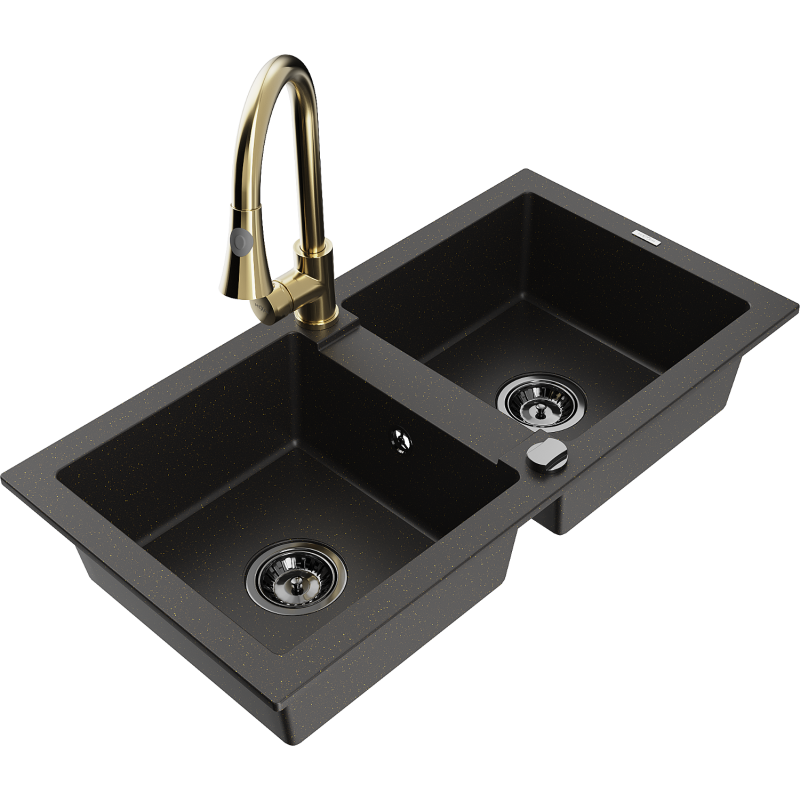 Mexen Mario granite sink 2-bowl with Elia kitchen tap, black/gold metallic - 6504-75-670101-50-B