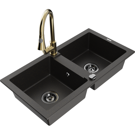 Mexen Mario granite double-bowl sink with kitchen faucet Elia, black/gold metallic - 6504-75-670101-50-B