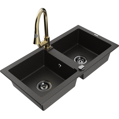 Mexen Mario granite sink 2-bowl with Elia kitchen tap, black/gold metallic - 6504-75-670101-50-B