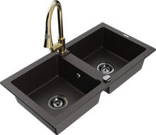 Mexen Mario granite double-bowl sink with kitchen faucet Elia, black/gold metallic - 6504-75-670101-50-B
