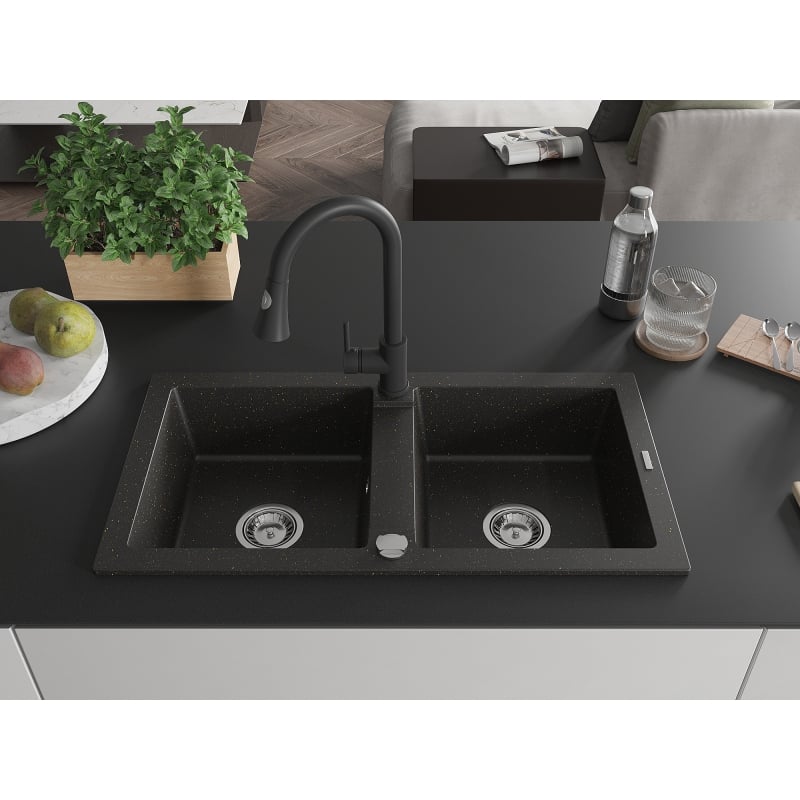 Mexen Mario granite double-bowl sink with Elia kitchen faucet, black/golden metallic - 6504-75-670101-70