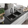 Mexen Mario granite double-bowl sink with Elia kitchen faucet, black/golden metallic - 6504-75-670101-70