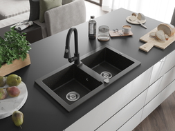 Mexen Mario granite double-bowl sink with Elia kitchen faucet, black/golden metallic - 6504-75-670101-70
