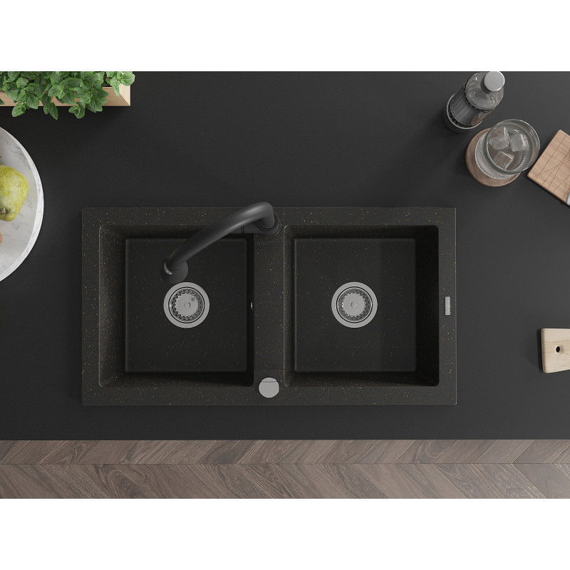 Mexen Mario granite sink double-bowl with Elia kitchen tap, black/gold metallic - 6504-75-670101-70