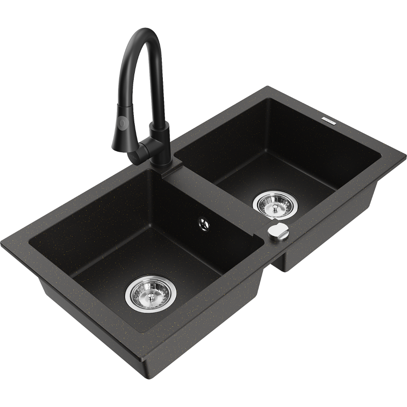Mexen Mario granite sink double-bowl with Elia kitchen tap, black/gold metallic - 6504-75-670101-70