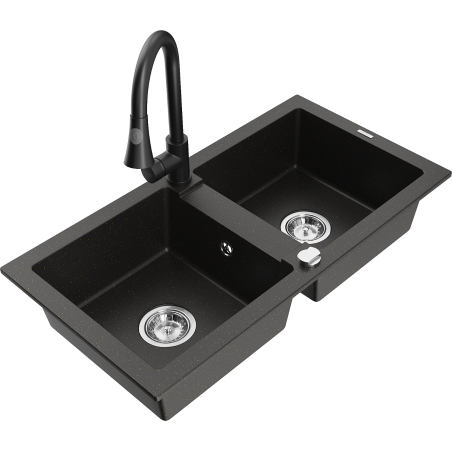 Mexen Mario 2-compartment granite sink with a kitchen mixer tap Elia, Black/Gold metallic - 6504-75-670101-70