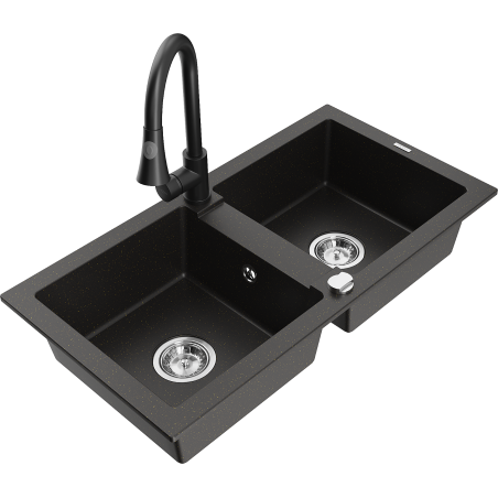 Mexen Mario granite sink double-bowl with Elia kitchen tap, black/gold metallic - 6504-75-670101-70
