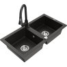 Mexen Mario granite sink double-bowl with Elia kitchen tap, black/gold metallic - 6504-75-670101-70