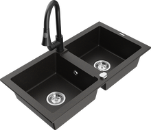 Mexen Mario granite double-bowl sink with Elia kitchen faucet, black/golden metallic - 6504-75-670101-70