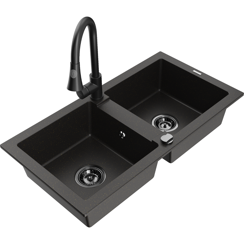 Mexen Mario 2-bowl granite sink with Elia kitchen tap, black/gold metallic - 6504-75-670101-70-B