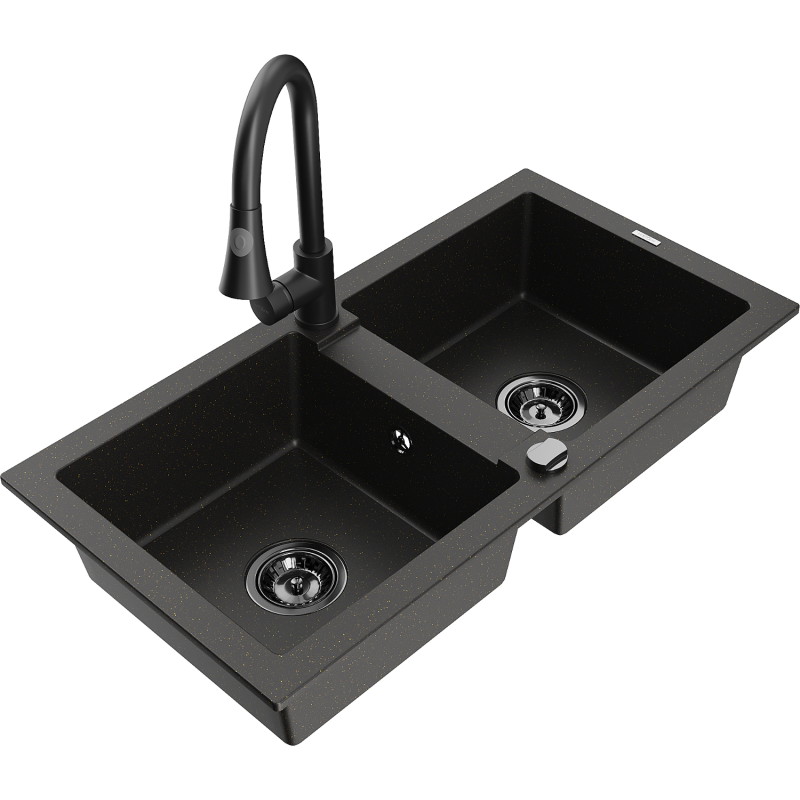 Mexen Mario 2-chamber granite sink with Elia kitchen faucet, black/golden metallic - 6504-75-670101-70-B