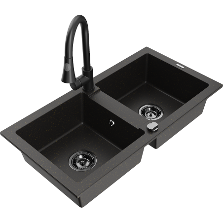 Mexen Mario 2-bowl granite sink with Elia kitchen tap, black/gold metallic - 6504-75-670101-70-B
