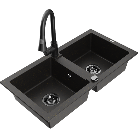 Mexen Mario 2-chamber granite sink with Elia kitchen faucet, black/golden metallic - 6504-75-670101-70-B