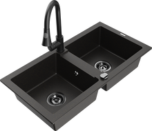 Mexen Mario 2-chamber granite sink with Elia kitchen faucet, black/golden metallic - 6504-75-670101-70-B