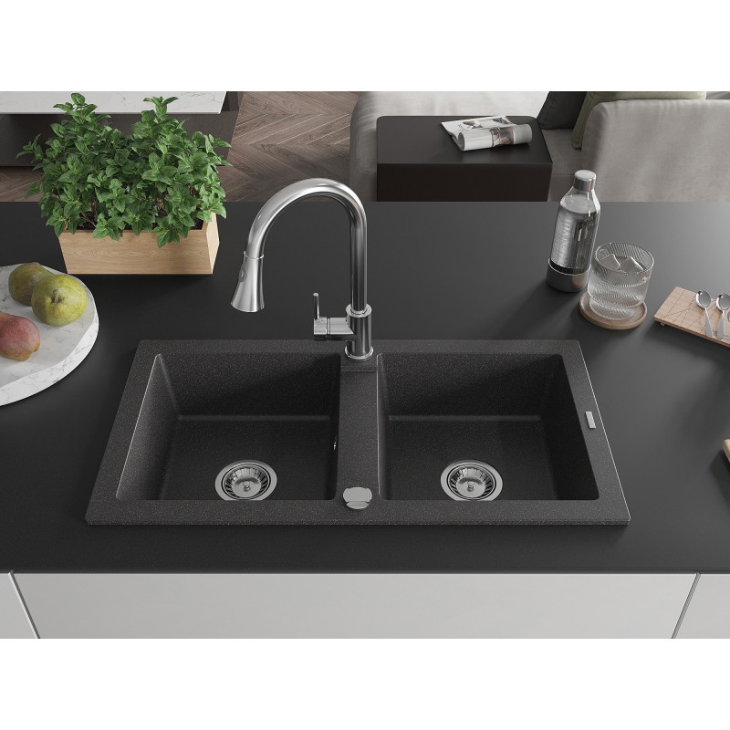 Mexen Mario granite double-bowl sink with Elia kitchen faucet, black speckled - 6504-76-670101-00