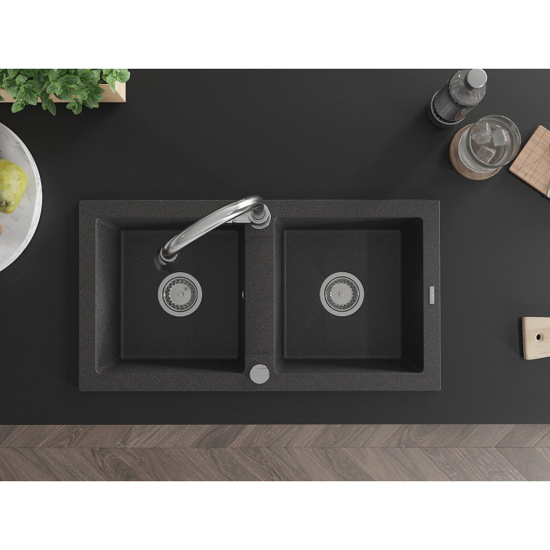 Mexen Mario granite double-bowl sink with Elia kitchen faucet, black speckled - 6504-76-670101-00