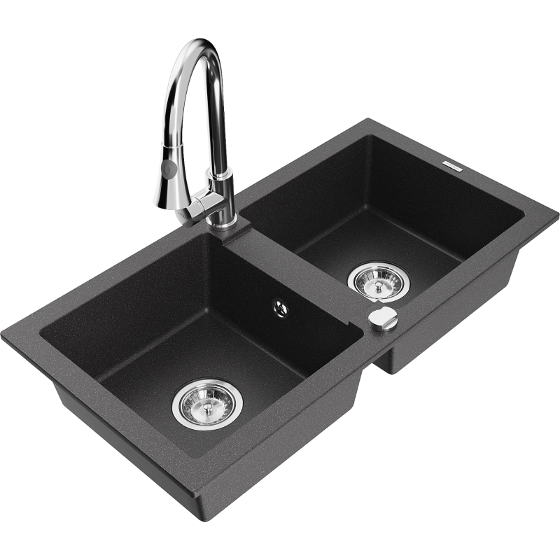 Mexen Mario granite sink 2-bowl with Elia kitchen tap, black speckled - 6504-76-670101-00