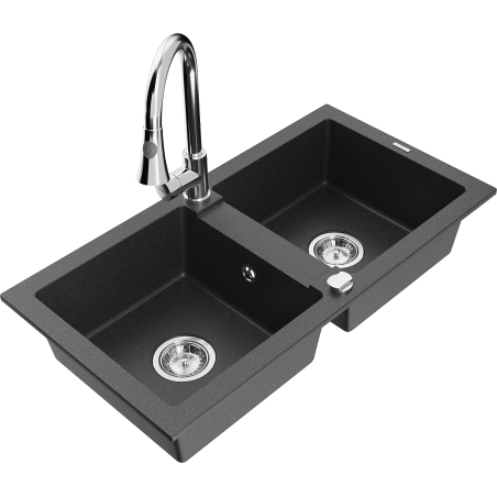 Mexen Mario granite double-bowl sink with Elia kitchen faucet, black speckled - 6504-76-670101-00