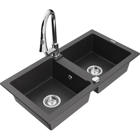 Mexen Mario granite double-bowl sink with Elia kitchen faucet, speckled black - 6504-76-670101-00