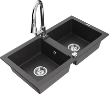 Mexen Mario granite double-bowl sink with Elia kitchen faucet, speckled black - 6504-76-670101-00