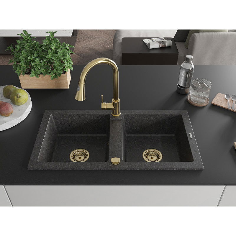 Mexen Mario granite sink, 2-bowl with Elia kitchen tap, black speckled - 6504-76-670101-50