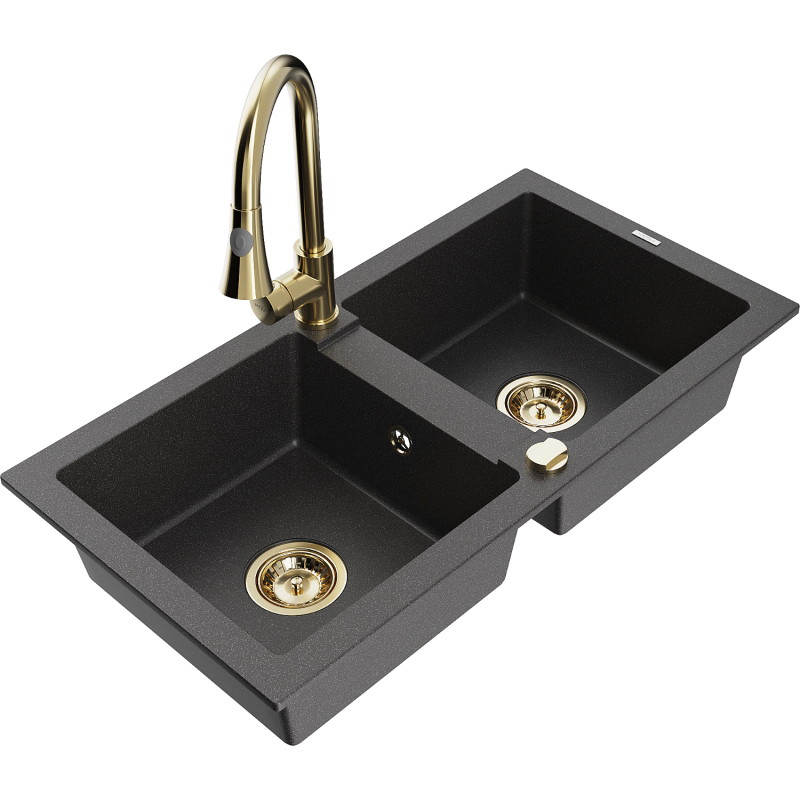 Mexen Mario 2-bowl granite sink with Elia kitchen faucet, black speckled - 6504-76-670101-50