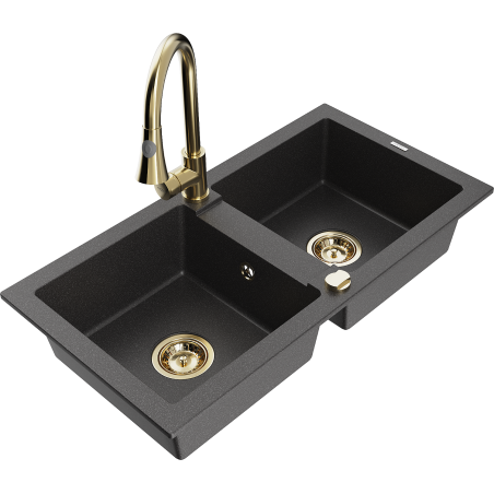 Mexen Mario 2-bowl granite sink with Elia kitchen faucet, black speckled - 6504-76-670101-50