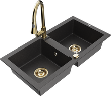 Mexen Mario granite double-bowl kitchen sink with Elia kitchen faucet, black speckled - 6504-76-670101-50
