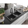 Mexen Mario granite double-bowl kitchen sink with Elia faucet, speckled black - 6504-76-670101-70