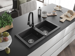 Mexen Mario 2-compartment granite sink with a kitchen mixer tap Elia, spotted black - 6504-76-670101-70