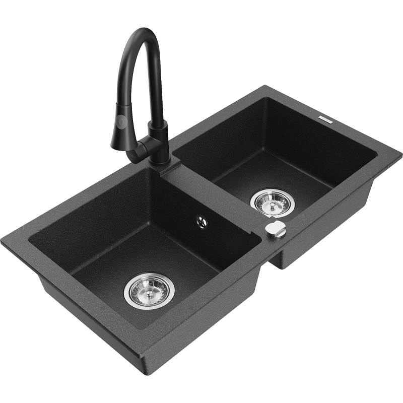 Mexen Mario 2-Bowl Granite Kitchen Sink with Elia Tap, Black Speckled - 6504-76-670101-70