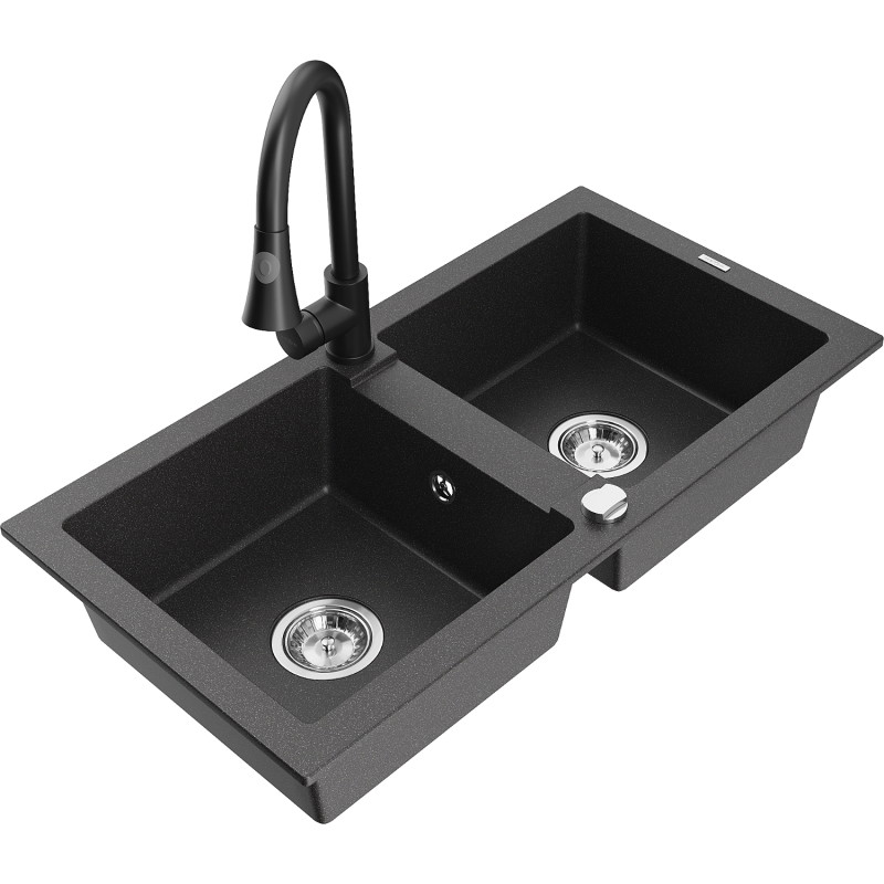 Mexen Mario Elia Granite 2-Bowl Kitchen Sink with Faucet, Speckled Black - 6504-76-670101-70