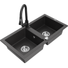 Mexen Mario granite double-bowl kitchen sink with Elia faucet, speckled black - 6504-76-670101-70