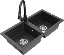 Mexen Mario granite double-bowl kitchen sink with Elia faucet, speckled black - 6504-76-670101-70