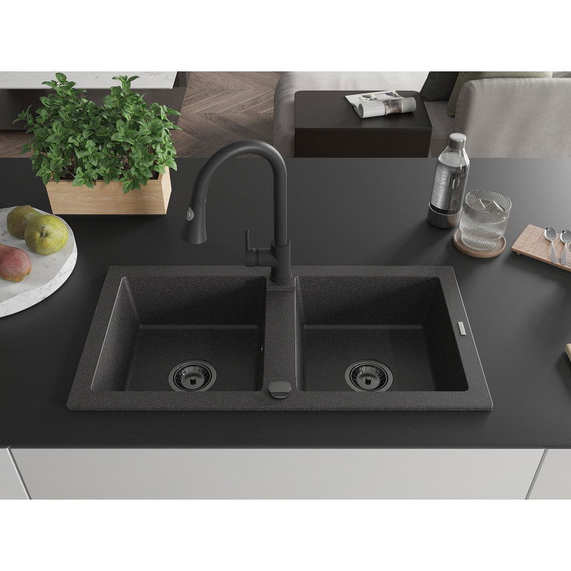 Mexen Mario granite sink 2-bowl with Elia kitchen tap, black speckled - 6504-76-670101-70-B