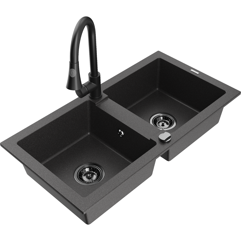 Mexen Mario granite sink 2-bowl with Elia kitchen tap, black speckled - 6504-76-670101-70-B