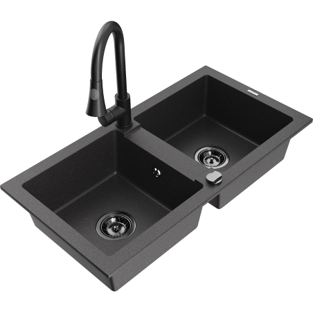 Mexen Mario granite kitchen sink 2-bowl with Elia kitchen faucet, black spotted - 6504-76-670101-70-B