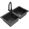 Mexen Mario granite sink 2-bowl with Elia kitchen tap, black speckled - 6504-76-670101-70-B