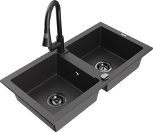 Mexen Mario granite sink 2-bowl with Elia kitchen tap, black speckled - 6504-76-670101-70-B